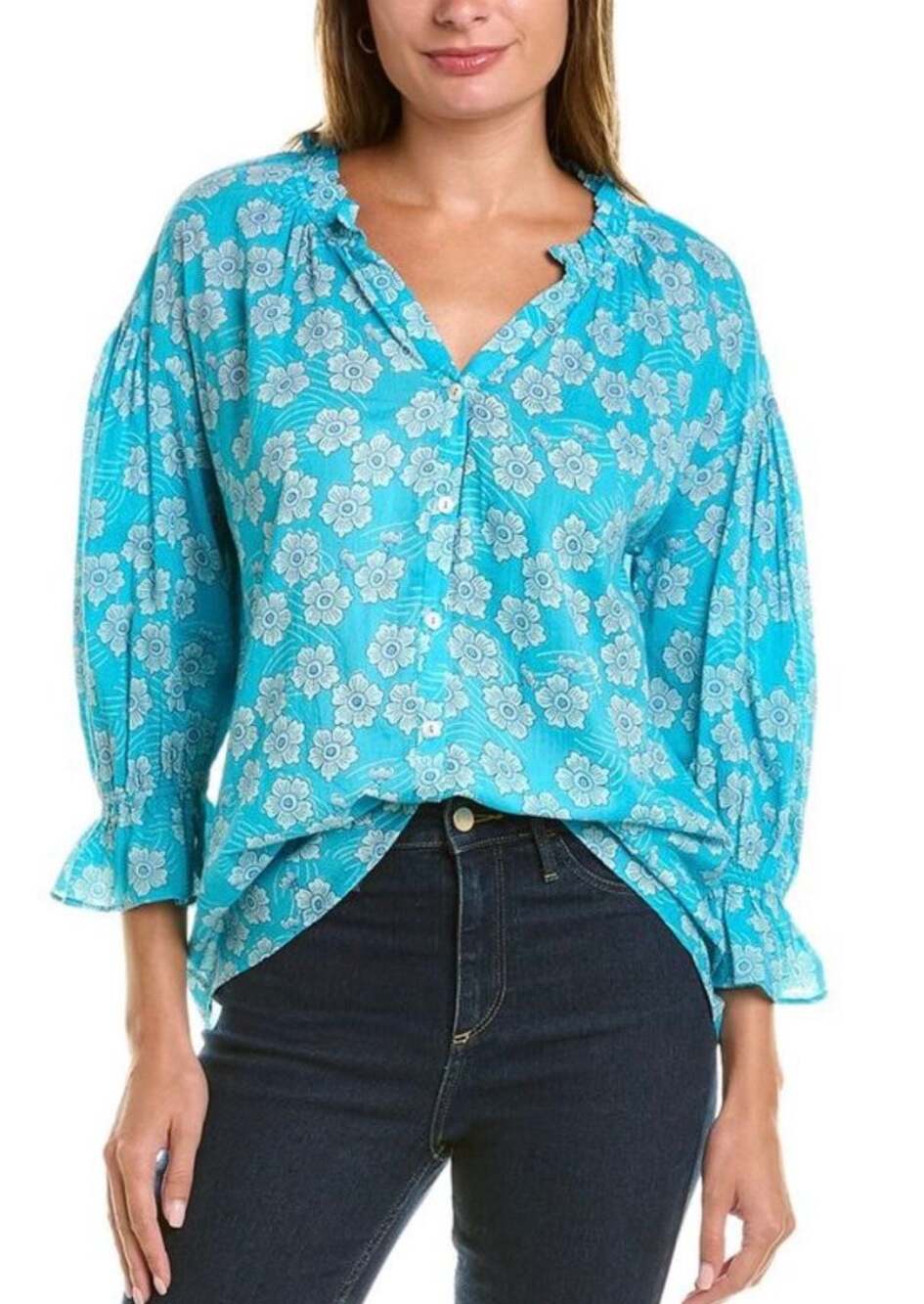 Ro's Garden Barbados Blue Floral Button Front Blouse with Balloon Sleeves Small